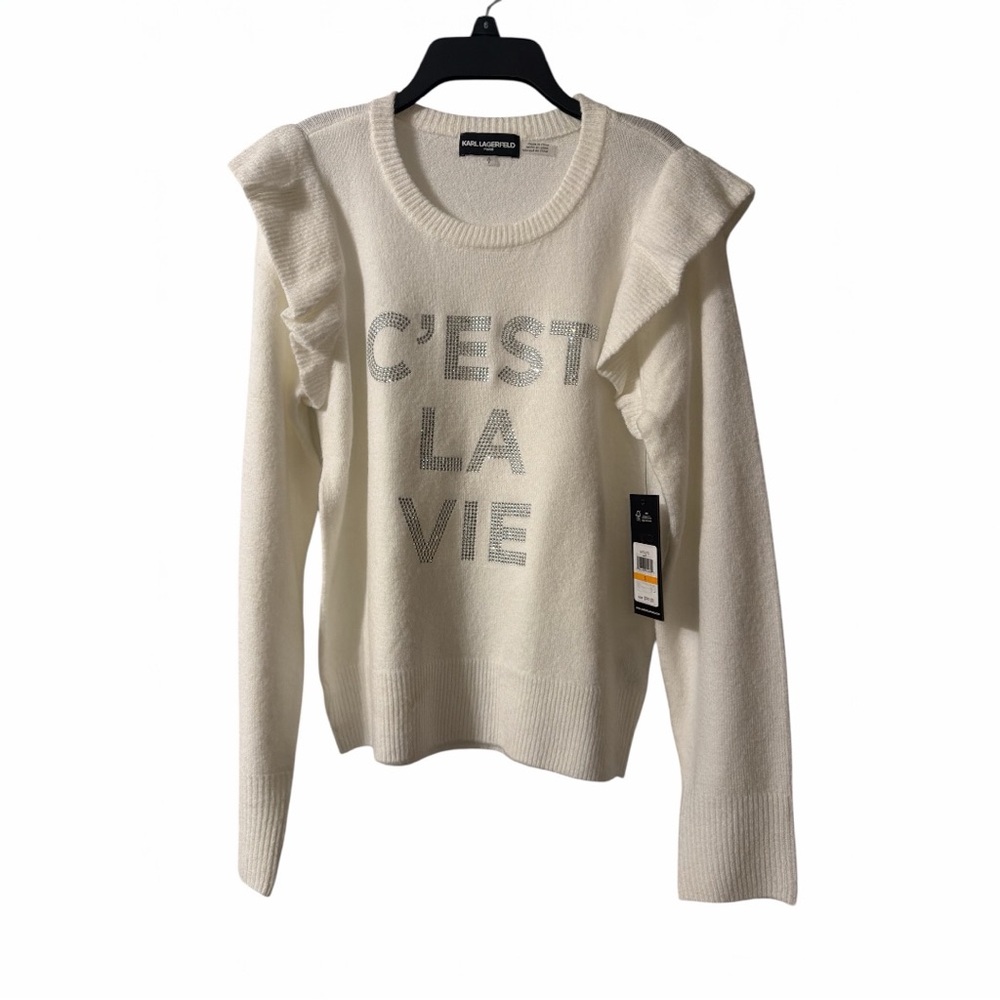 NWT Karl Lagerfeld Paris C’est La Vie Sweater Small Rhinestone Ruffle Shoulder